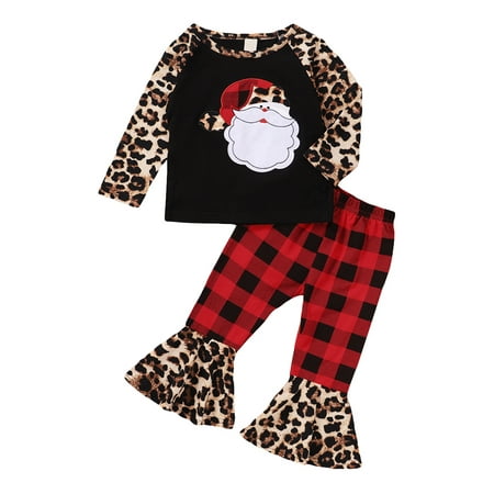 Toddler Baby Girls Christmas Cartoon Santa Leopard Print Top+Flare Pants Outfits